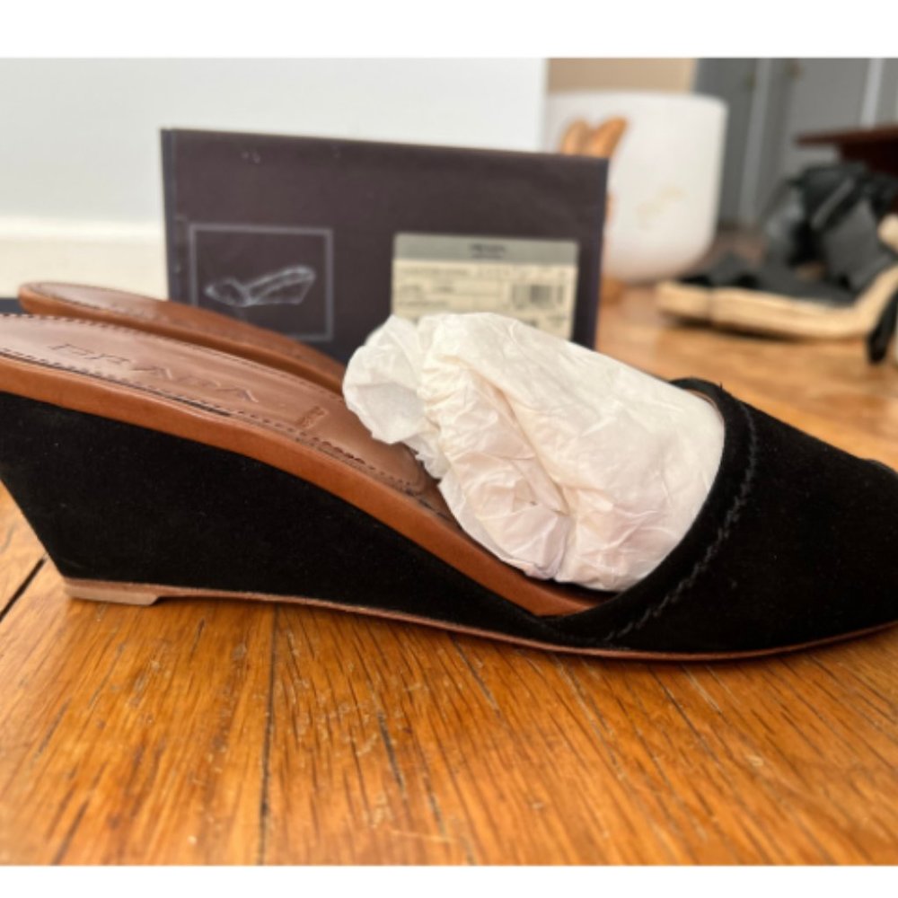 PRADA Black Suede Wedge Sandals Size 37 (Fits US 7) with Box - Picture 5 of 5